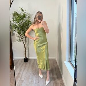 Strapless Satin Midi Dress in Chartreuse Green